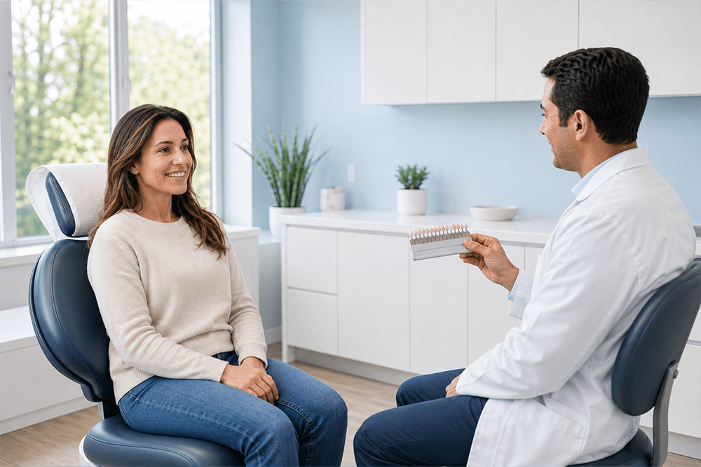 Patient discussing dental veneers for chipped, stained, uneven, or slightly spaced teeth in Woodbridge.